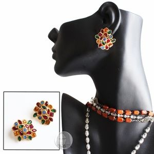 Vintage Yves Saint Laurent Earrings Multicolor Glass Rhinestones Clip Style HTF